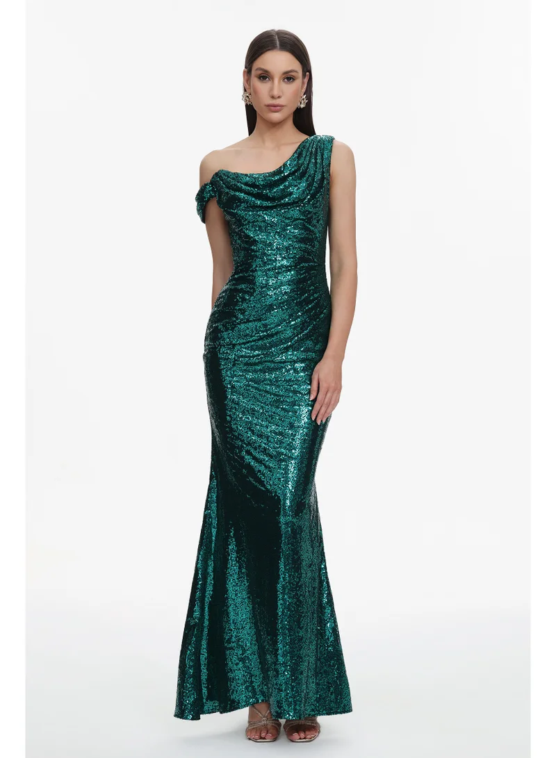 Paza Glamorous Contour Cowl Neck One Shoulder Ruched Sequin Maxi Dress